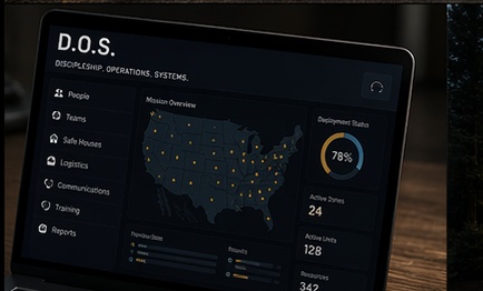 A laptop displaying the D.O.S. operational system dashboard.