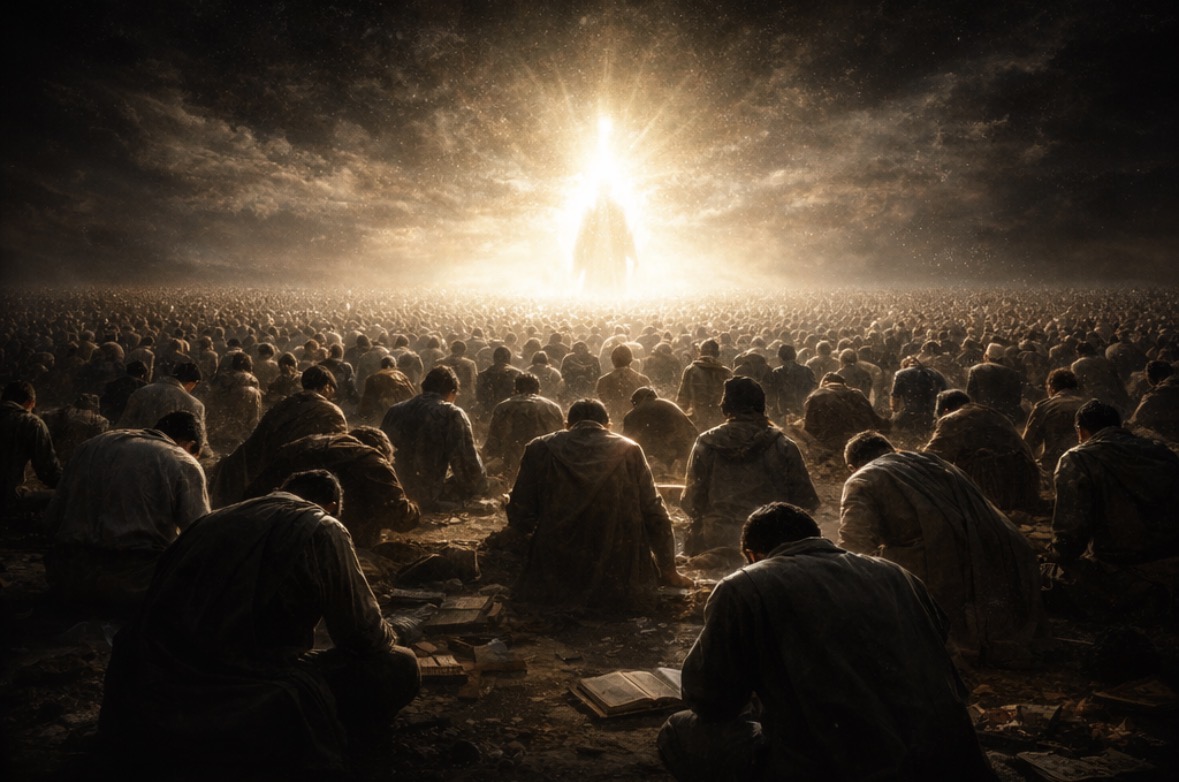 A multitude kneeling before a radiant figure of light